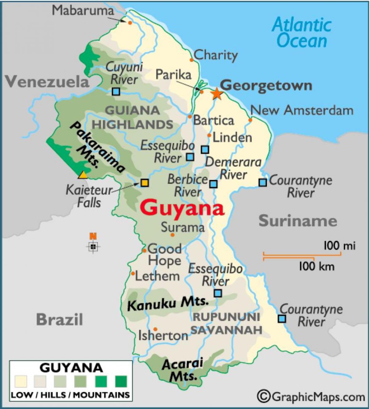 Guyana haritası Dağları gösteren 