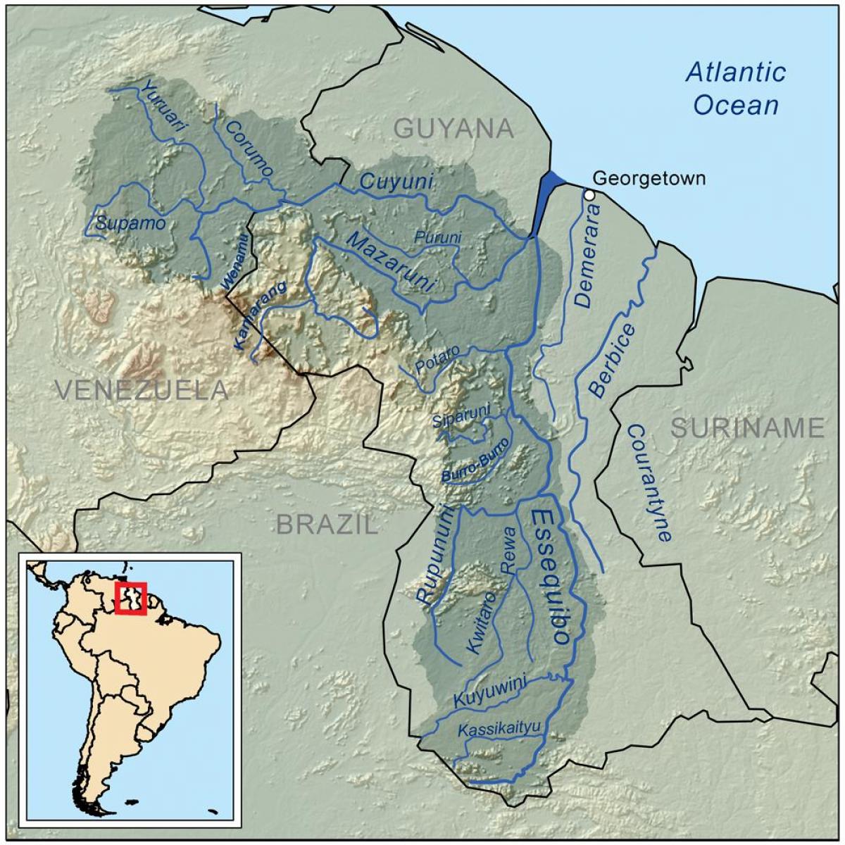 Guyana haritası üç ana nehirler gösteriliyor 