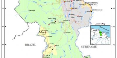 Guyana haritası 4 doğal bölgeleri gösteren 