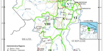 Guyana haritası on yönetim bölgesi gösteriliyor 