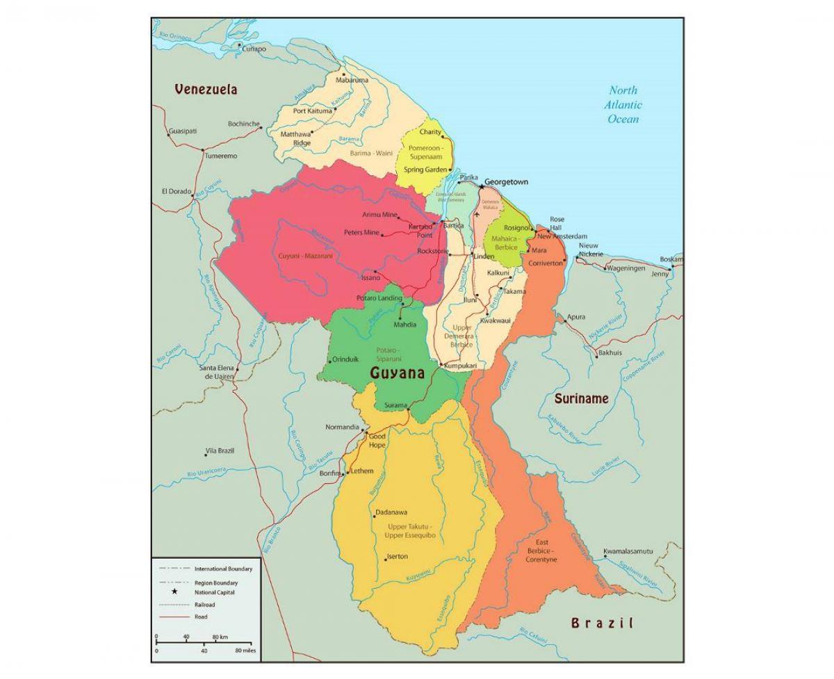Guyana haritası 10 idari bölgeleri gösteren 