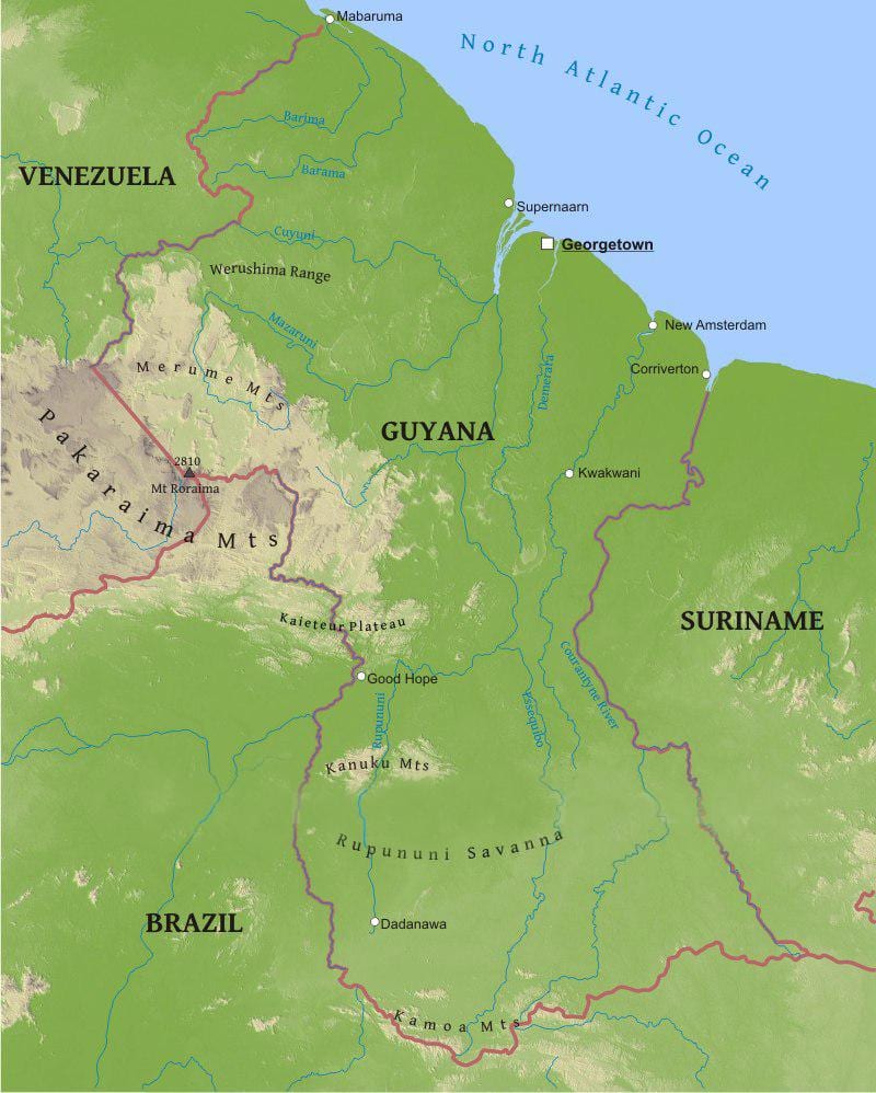 Guyana haritası alçak kıyı ovaları gösteren