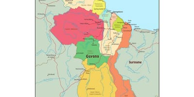 Guyana haritası 10 idari bölgeleri gösteren 