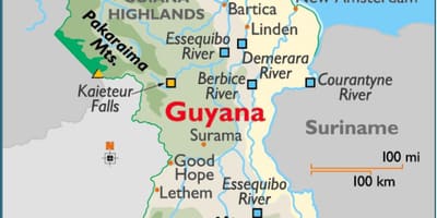 Guyana haritası Dağları gösteren 